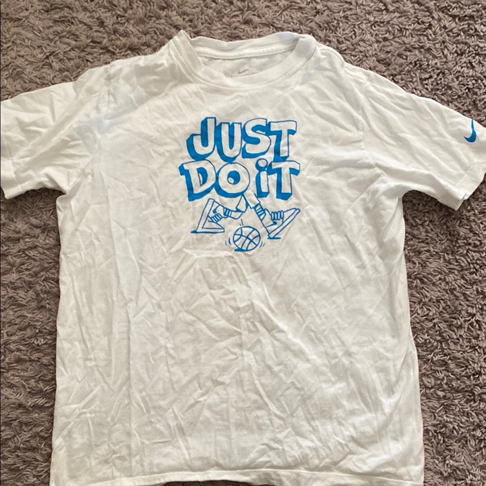 Nike White and Blue Short Sleeve Tee with Graphic Design